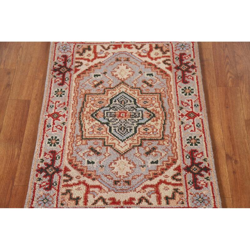 Geometric Grey Heriz Serapi Indian Rug Hand-Knotted Wool Carpet - 2'0"x 3'0"