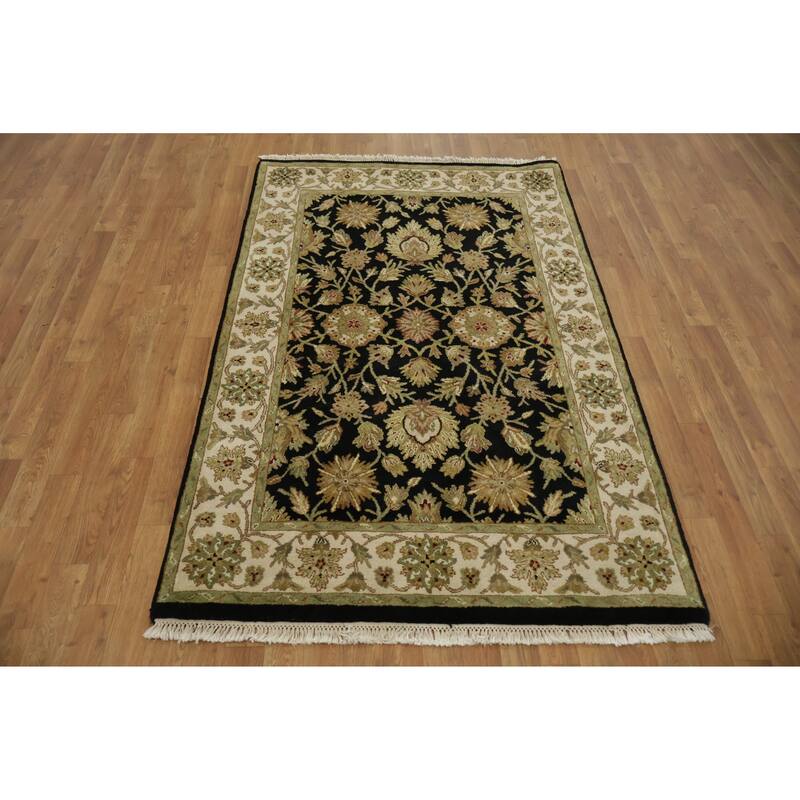 Hand Knotted Oriental 100% Wool Carpet Traditional All-Over Black Agra Area Rug - 6' 5'' X 4' 1''