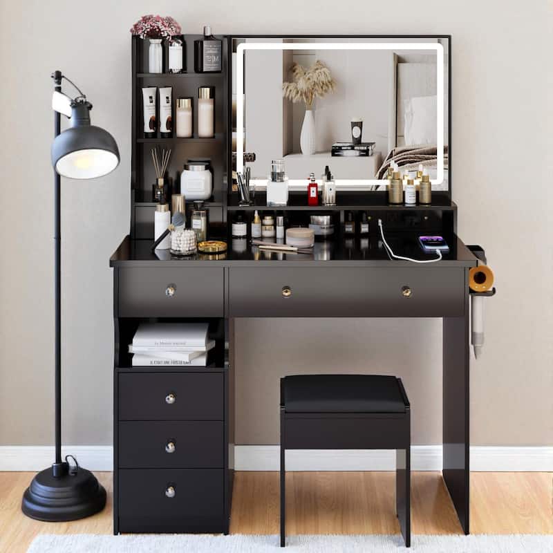 Makeup Vanity with Lighted Mirror, 41" Dressing Table with Charging Station, Cushioned Stool & Storage Drawer - Black