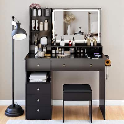 Makeup Vanity with Lighted Mirror, 41" Dressing Table with Charging Station, Cushioned Stool & Storage Drawer