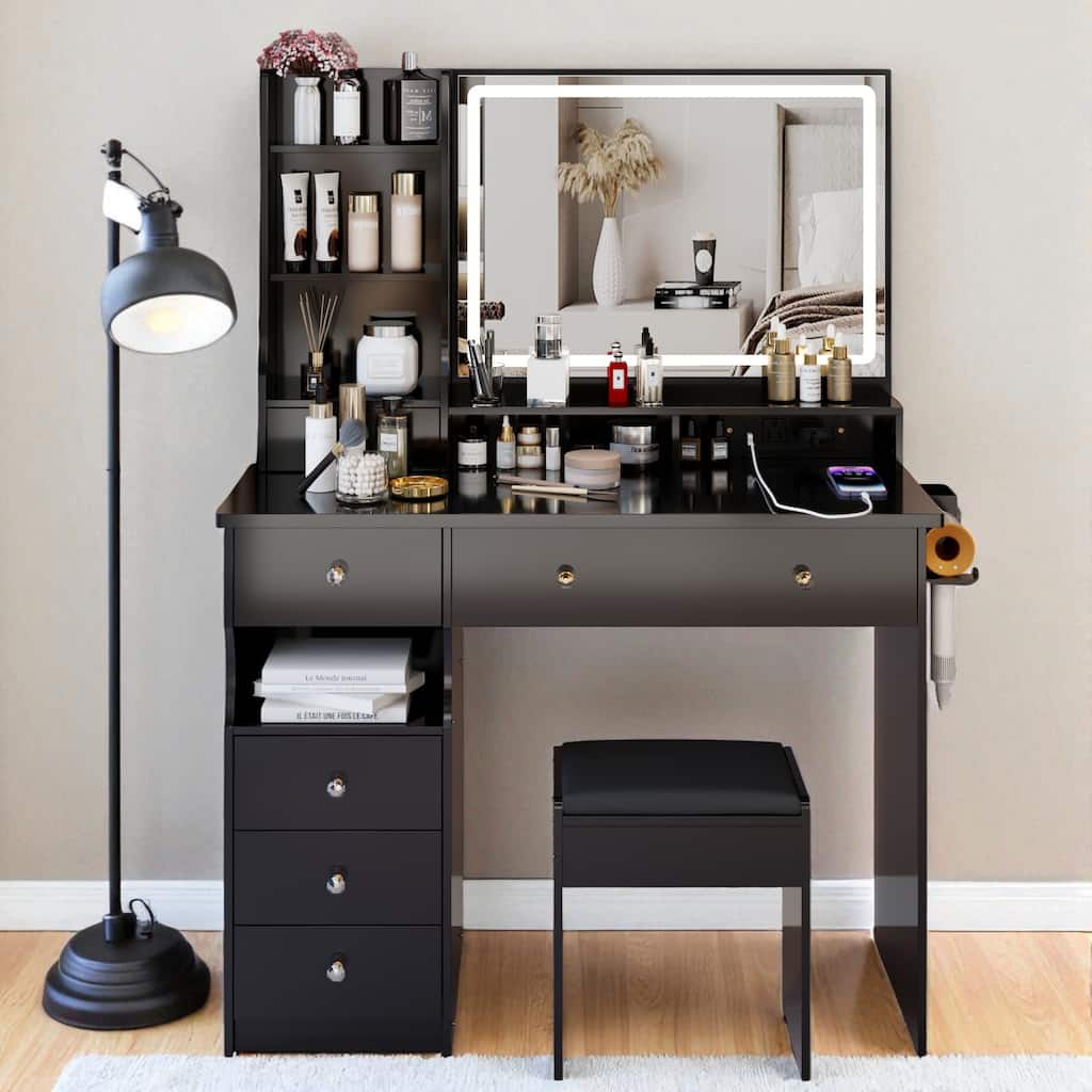 Makeup Vanity with Lighted Mirror, 41" Dressing Table with Charging Station, Cushioned Stool & Storage Drawer