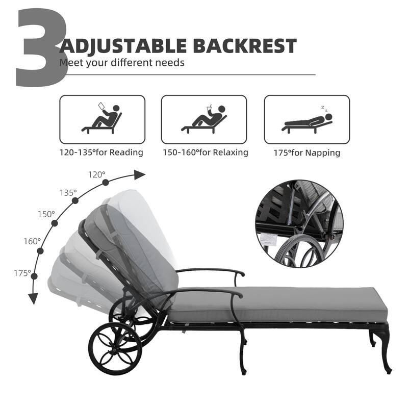 3-Piece Aluminum Reclining Outdoor Chaise Lounge with Cushions and Table