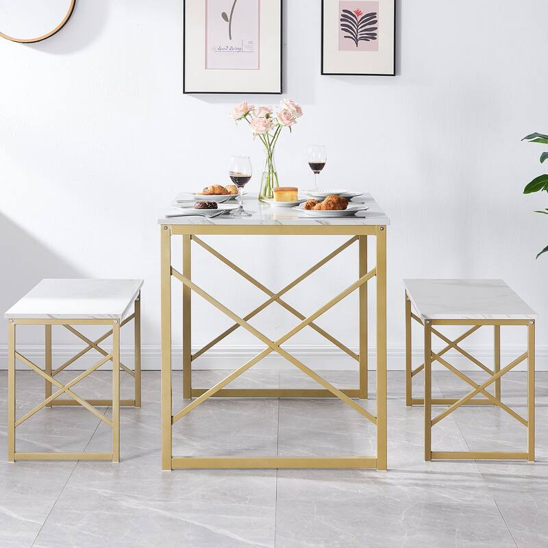 55" Dining Table with Benches Kitchen Table set for 4 Rectangular Dining Room Table Set with 2 Metal Wood Benches