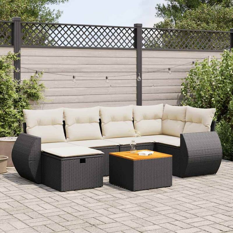 vidaXL Patio Sofa Set with Cushions Outdoor Furniture 7 Piece Poly Rattan - Black and cream with storage - 21.7 x 21.7 x 14.6 in