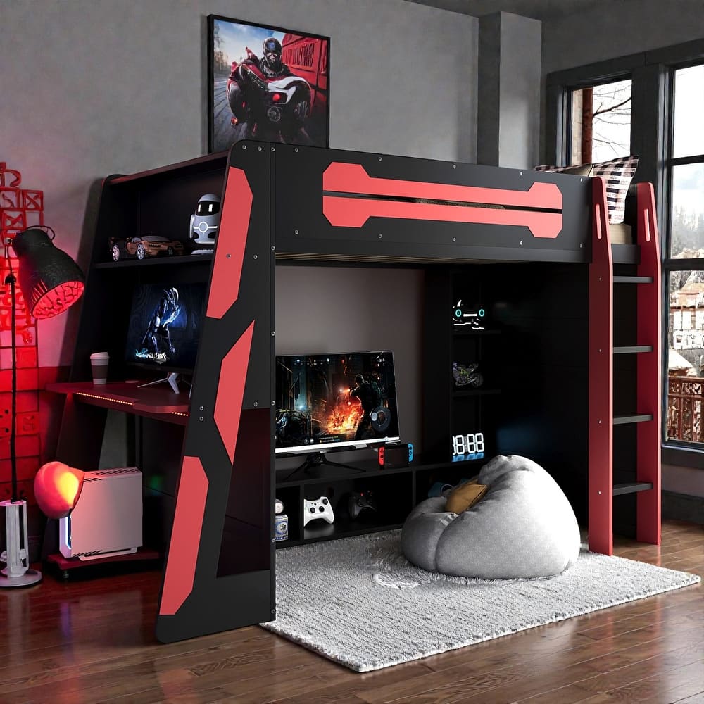 Twin Size Gaming Loft Bed with Desk, Multi-Storage Shelves, RGB Light Strip, Wood Frame, Esports Style Setup