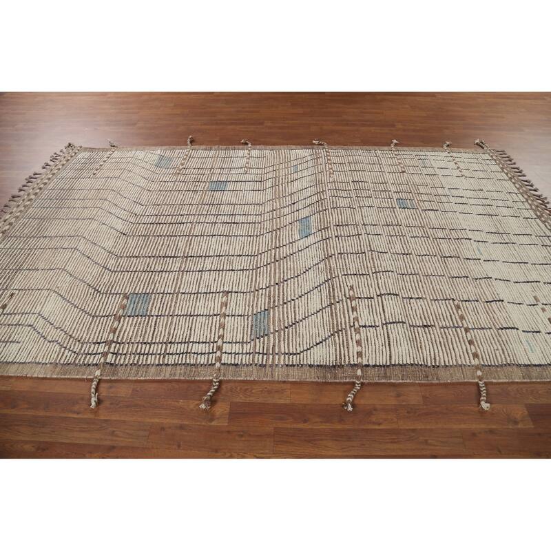 Beige Moroccan Striped Rug Hand-Knotted Wool Carpet - 5'8"x 9'11"