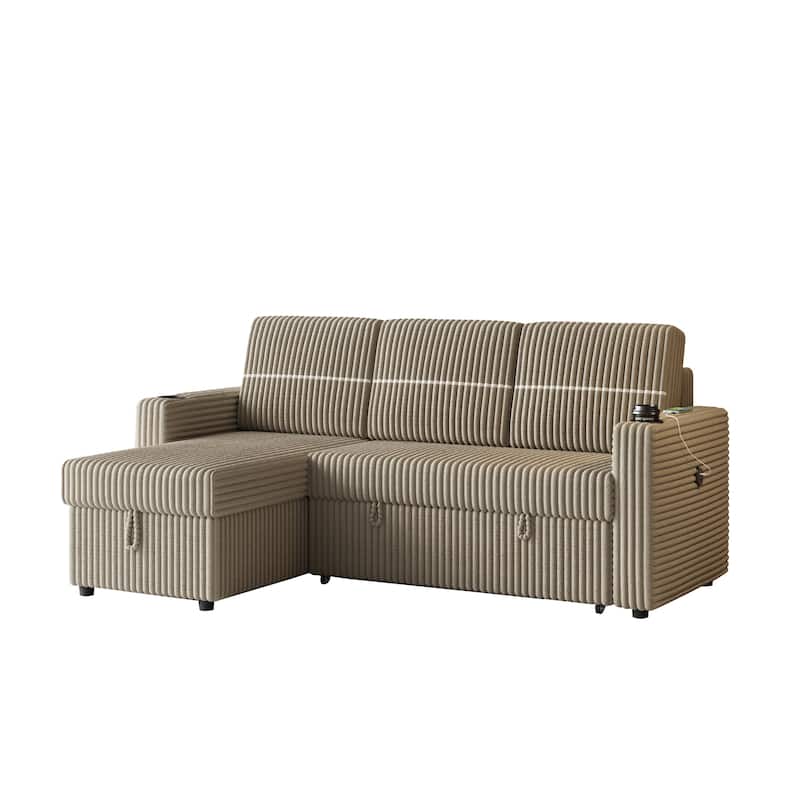 Pull-Out Sofa Bed with Storage Chaise, USB Port, and Cup Holders - 3-Seater Sleeper Couch