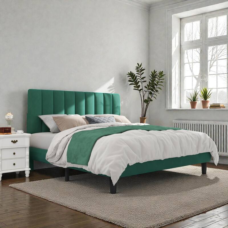 Upholstered Platform Bed Frame with Adjustable Headboard, Velvet Upholstered, No Noise, 800 lbs Capacity, 12 Inch Clearance