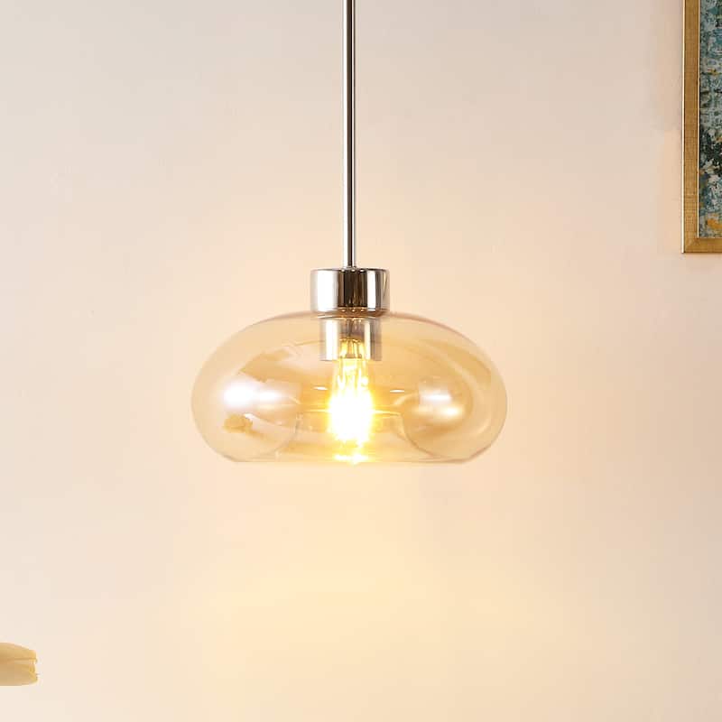 SAFAVIEH Lighting Berivan Glass Shade Pendant - 11 In. W x 11 In. D x 15-45 In. H - Amber/Nickel - 11Wx11Dx45H