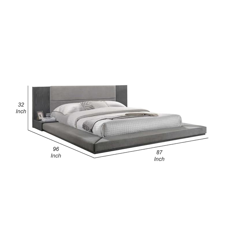 Noe Ruby Queen Bed with Built in Nightstands, Low Height, Gray Upholstery