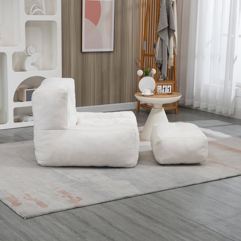 White Modern 38.5" Velvet Upholstered Accent Chair with Memory Foam and Ottoman for Living Room