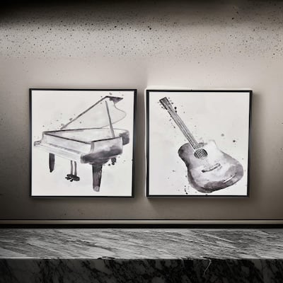 30 x 40 Framed Wall Art Painting, Guitar and Piano, Black, White