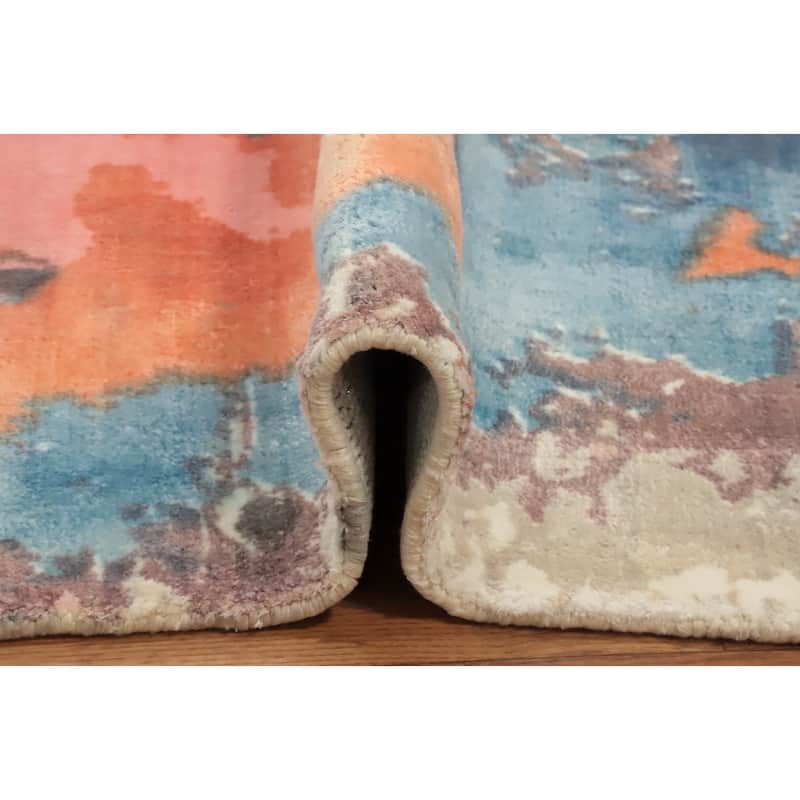 Hand Knotted Oriental Viscose Silk Carpet Modern Pictorial Pink Abstract Area Rug - 7' 3'' X 5' 5''