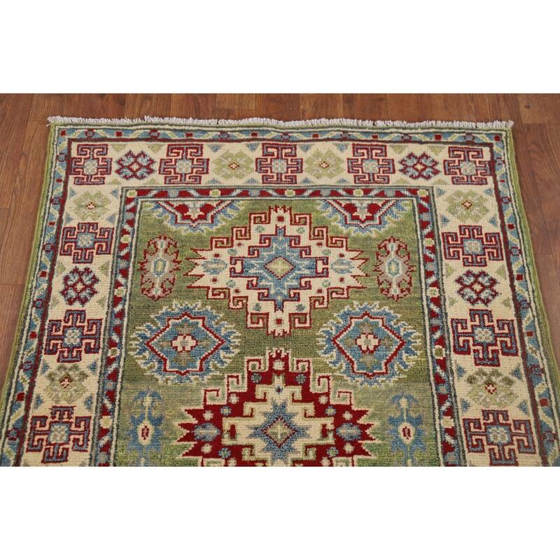 Green Kazak Accent Rug Handmade Oriental Wool Carpet - 2'8" x 3'11"