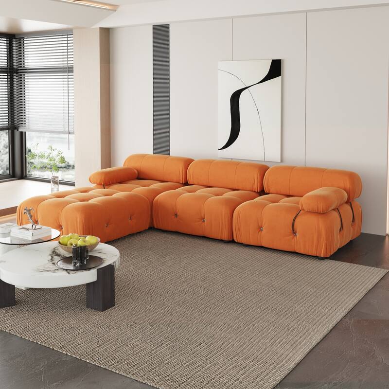 L-Shaped Velvet Sectional Sofa with Ottoman - Orange(3seats+1ottoman)