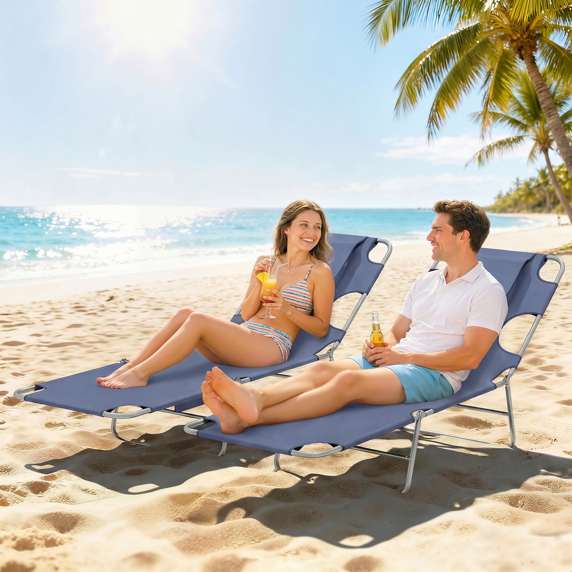 Outsunny Folding Beach Lounge Chair with Face Hole and Arm Slots, 5-level Adjustable Sun Lounger Tanning Chair with Pillow