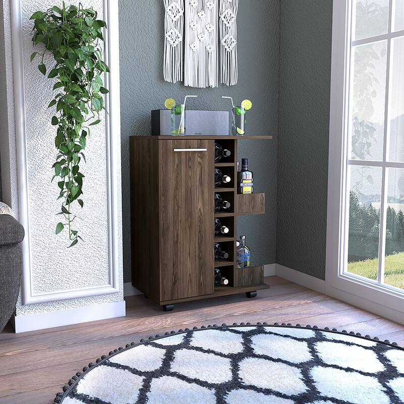 Bar Cart, Four Casters, Six Wine Cubbies, Single Door Cabinet
