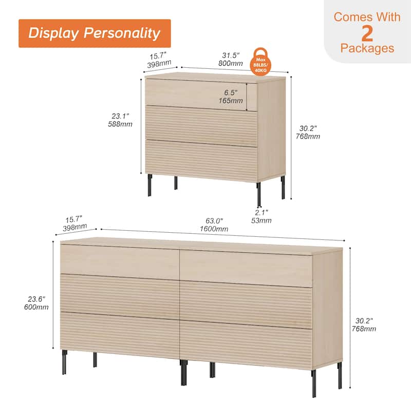 Modern Wood 3-Drawer Dresser With Reeded Design, Minimalist Dresser Organizer Storage