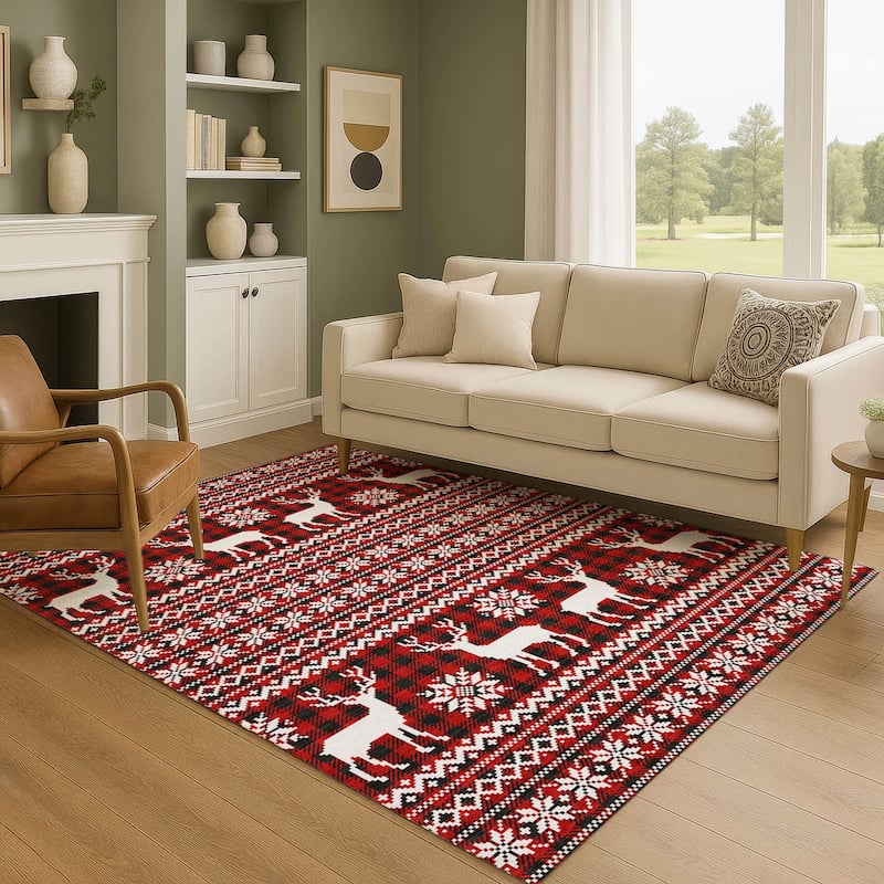 Premium Washable Super Soft Christmas Reindeer Mayfield Rug - Red - 3' x 5'