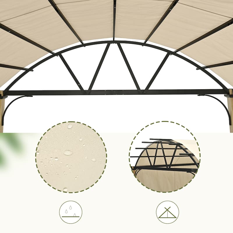 12 ft. x 12 ft. Wood Grain Aluminum Outdoor Pergola with Arched Canopy and Beige Retractable Shade