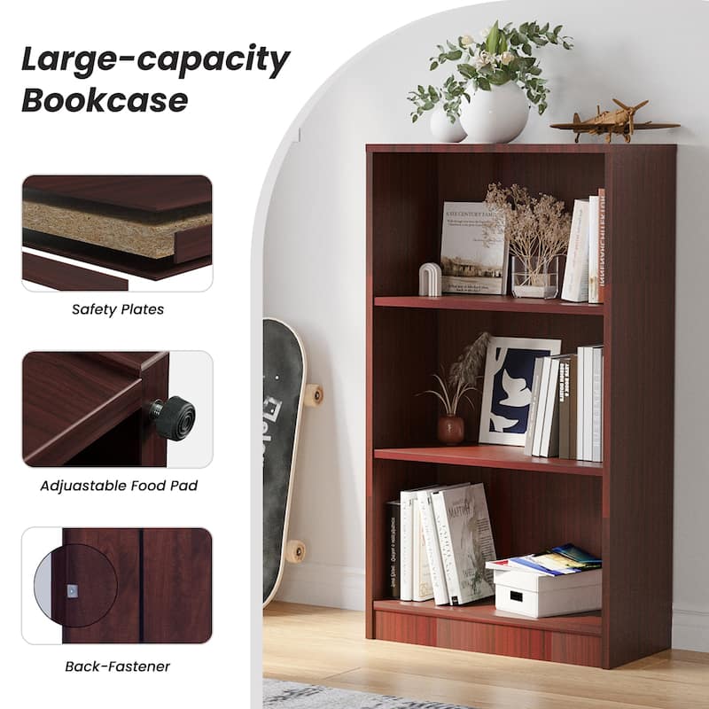 Bookcase Freestanding 3 Shelf Wood Bookshelf Adjustable Shelves for Home Office,3 Layer, Mahogany