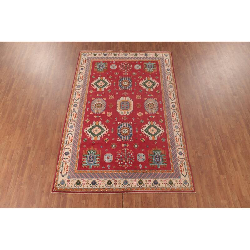 Geometric Red Kazak Area Rug Handmade Oriental Wool Carpet - 6'6" x 9'10"