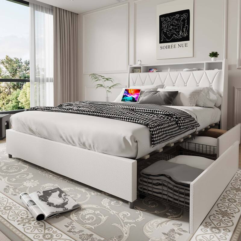 3-Pieces Bedroom Sets,Metal Bed Frame with Outlets, Charger, 4 drawers and Two Nightstands with Charging Station and LED Lights