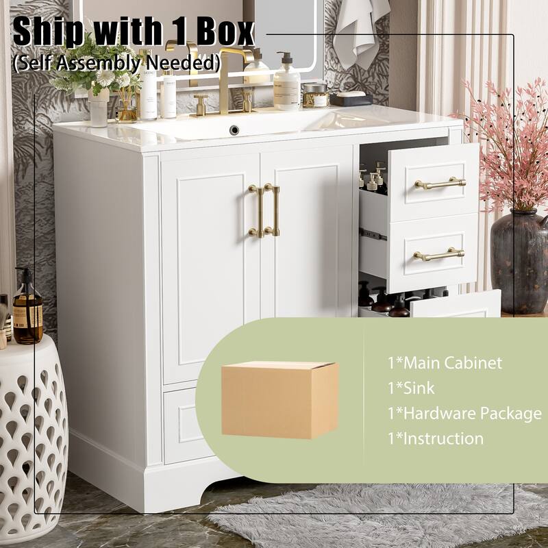 Traditional Bathroom Vanity with Ceramics Sink, Freestanding Cabinet with 3 Side Drawers, Bottom Drawer and 2 Soft Close Doors