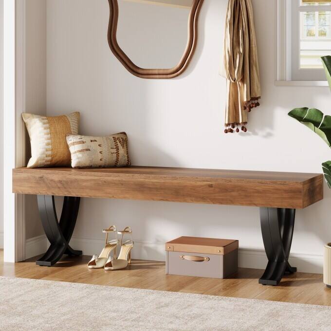 55-Inch Entryway Shoe Bench, Industrial Long End of Bed Bench - Brown