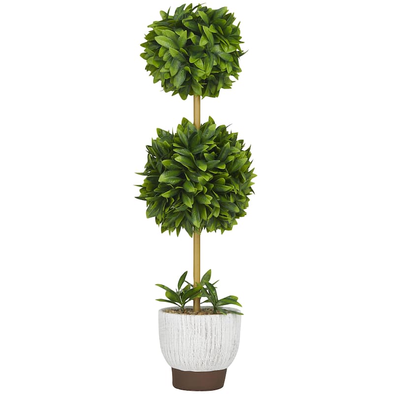 Faux Foliage Boxwood Ball Topiary with Realistic Leaves and White Cement Pot - Green - Roche River Decor
