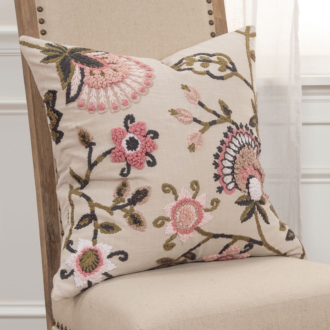 Rizzy Home Beige Pink Green Black and White Floral Throw Pillow