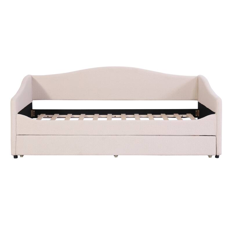 Twin Size Curve Design Daybed Comfort & Soft Teddy Fleece Upholstered Daybed with LED Light & Trundle Bed, Wood Slat Support