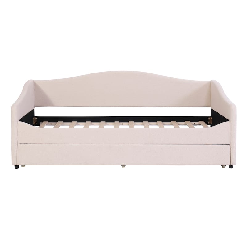 Twin Size Upholstered Daybed with Trundle, Beige, Light Stripes Design