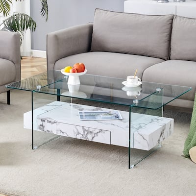 Modern Two-Tier Coffee Table-Clear Tempered Glass And White Marble Texture,Multifunctional Storage Design,A Drawer