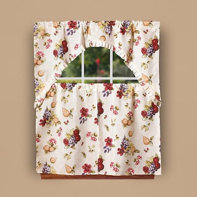 Violet Linen European Paradise Fruits Vintage 3pc Set 60" x 18" Valance, 30"x 36" Tiers, Decorative Window Kitchen Curtain Set