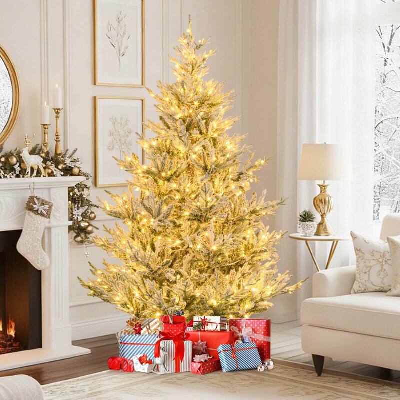Costway 6/7/8 FT Artificial Christmas Tree with 762/1074/1470 Flocked - See Details - White & Green
