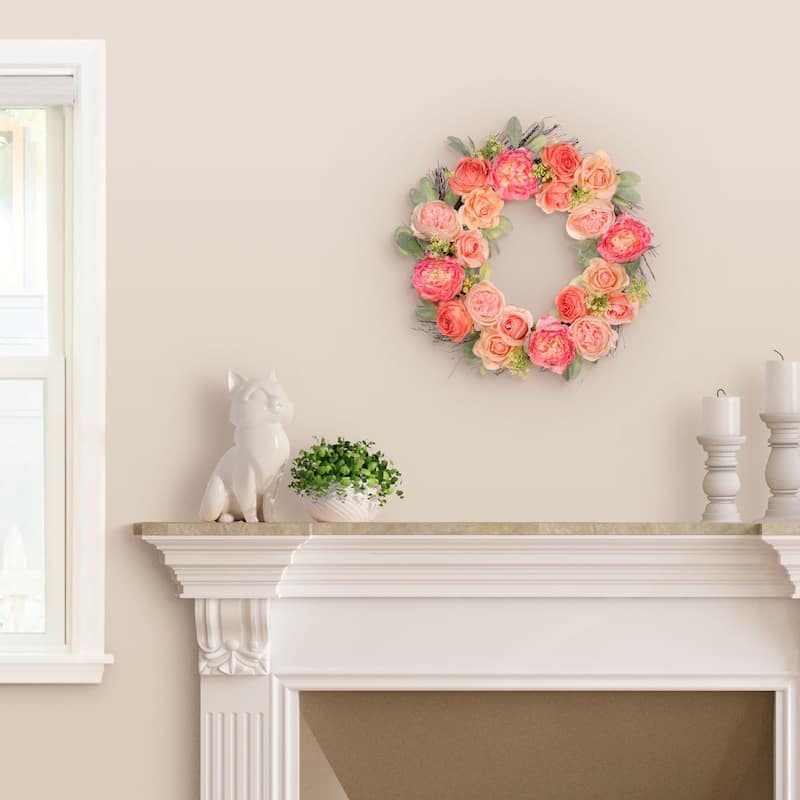 Peony and Rose Floral Artificial Spring Wreath, 24-Inch, Unlit