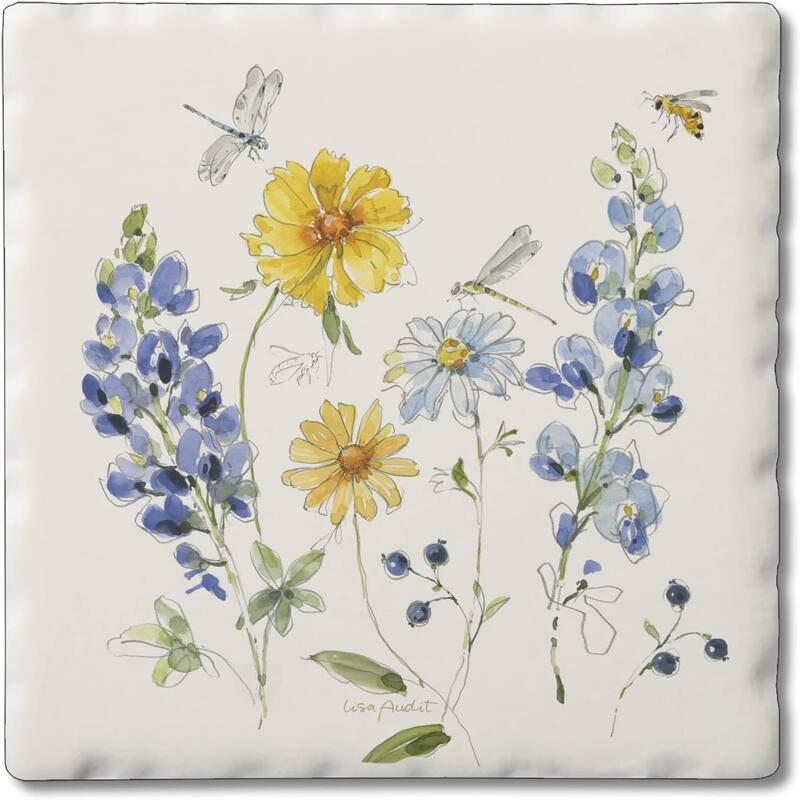 Lovely Blues 4 Pack Absorbent Stone Tumbled Tile Coasters with Protective Cork Backing Made in The USA, Absorbent, Wipes Clean - Multi
