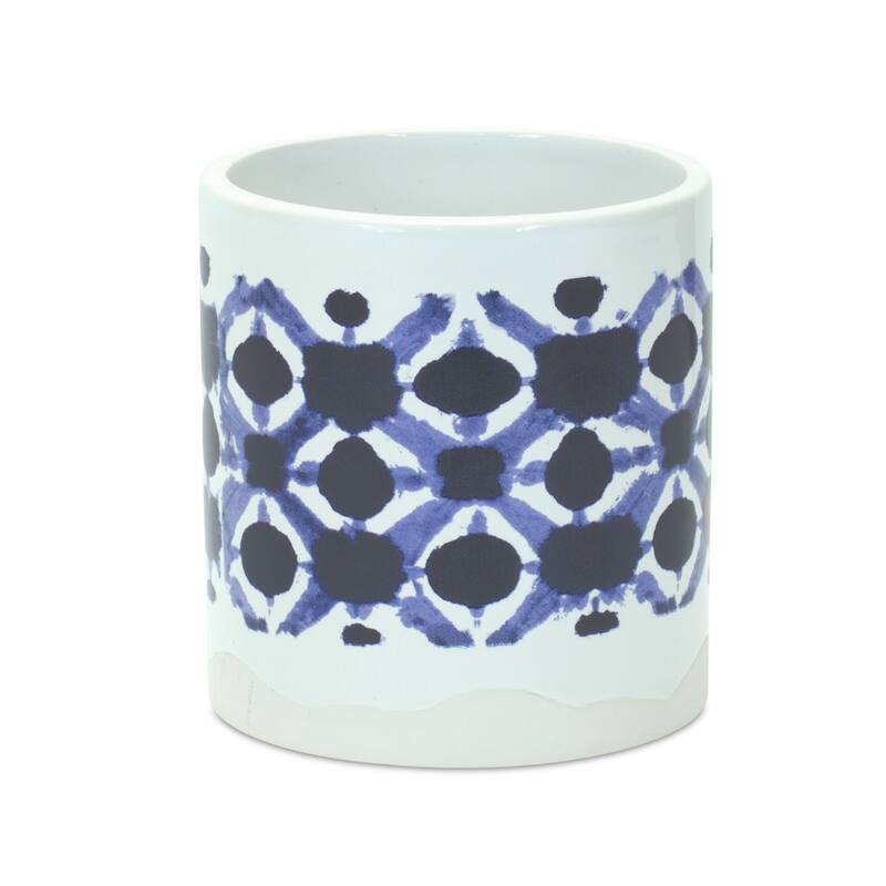 HomeRoots Set of Two White And Blue Ceramic 5 Ounce Geometric Round Pot Planters - 5.50 in. x 6.00 in. x 5.50 in.