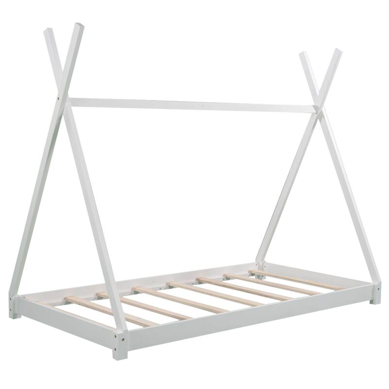 Kids Twin House Bed with Low Platform and Sturdy Pine Frame