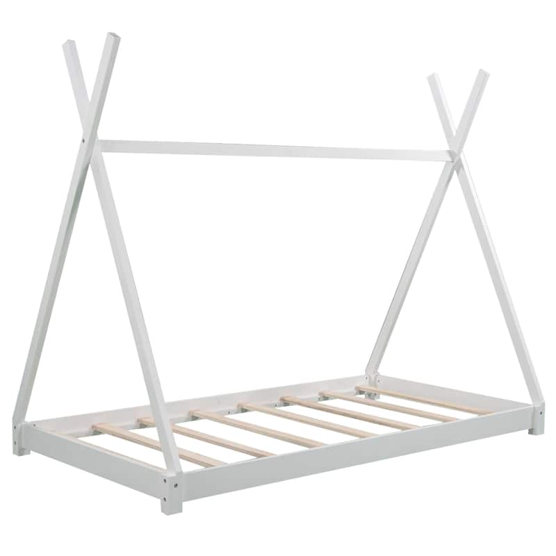 Twin Size House Platform bed with Triangle tructure,White