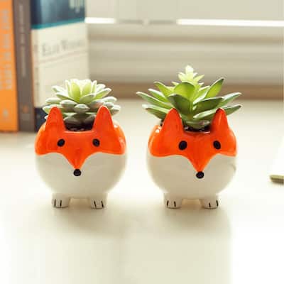 Faux Succulent in 3.5" Small Orange Fox Ceramic Planter,Set of 2 - ONE-SIZE