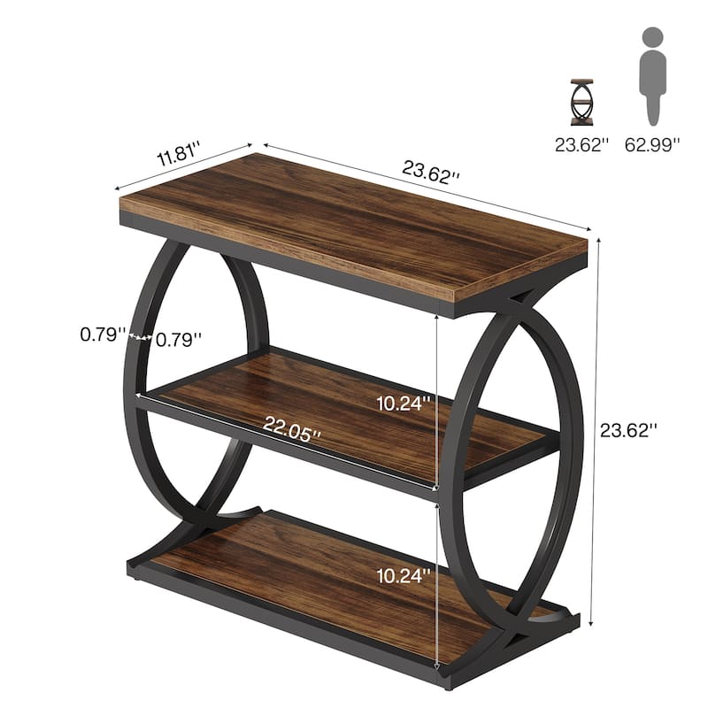 Narrow End Table with 3 Storage Shelves, Small Side Table for Living Room, Small Spaces, Rustic Brown