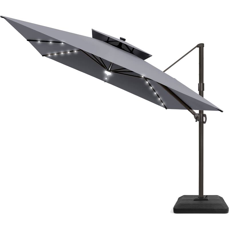 11 FT Square Outdoor Patio Cantilever Umbrella with Solar Lights 4-Piece Premium Base Double Canopy 360 Rotation Tilt