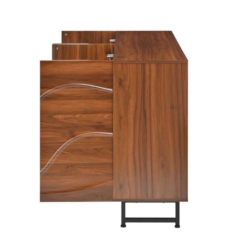 Anmytek Modern Wave Relief Solid Wood Sideboard, Walnut Texture, 59 Inch Storage Cabinet with Iron Legs for Living Room