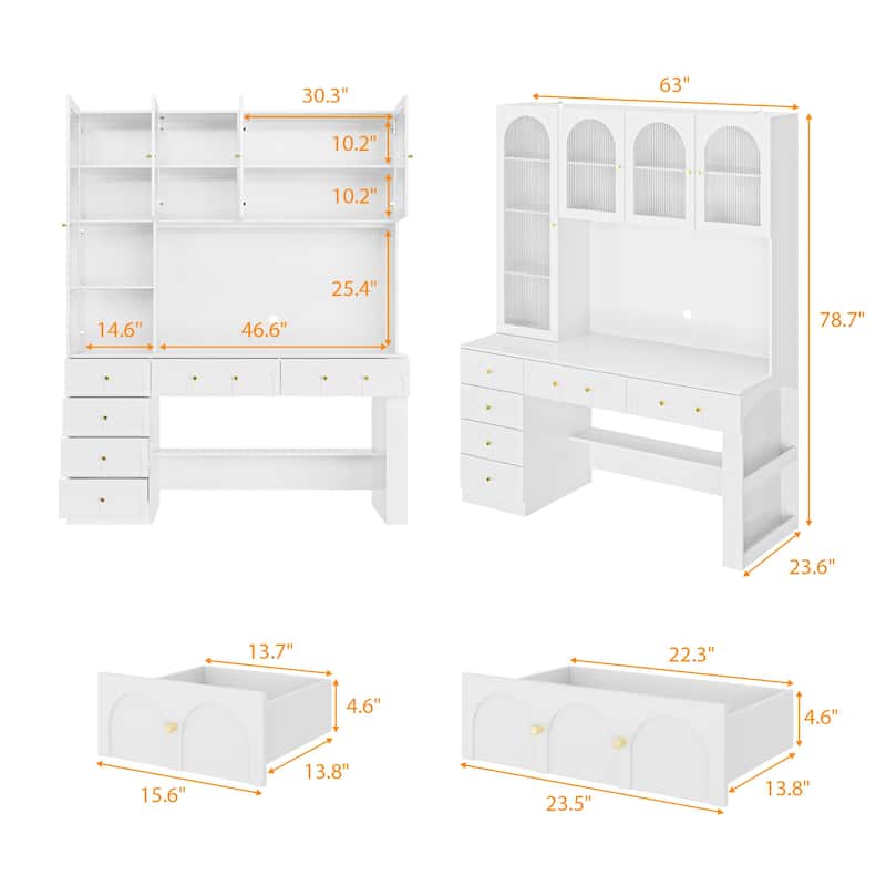 63” Modern White Computer Desk with Hutch & Drawers, Tempered Glass Cabinet Doors, Large Storage Home Office Workstation