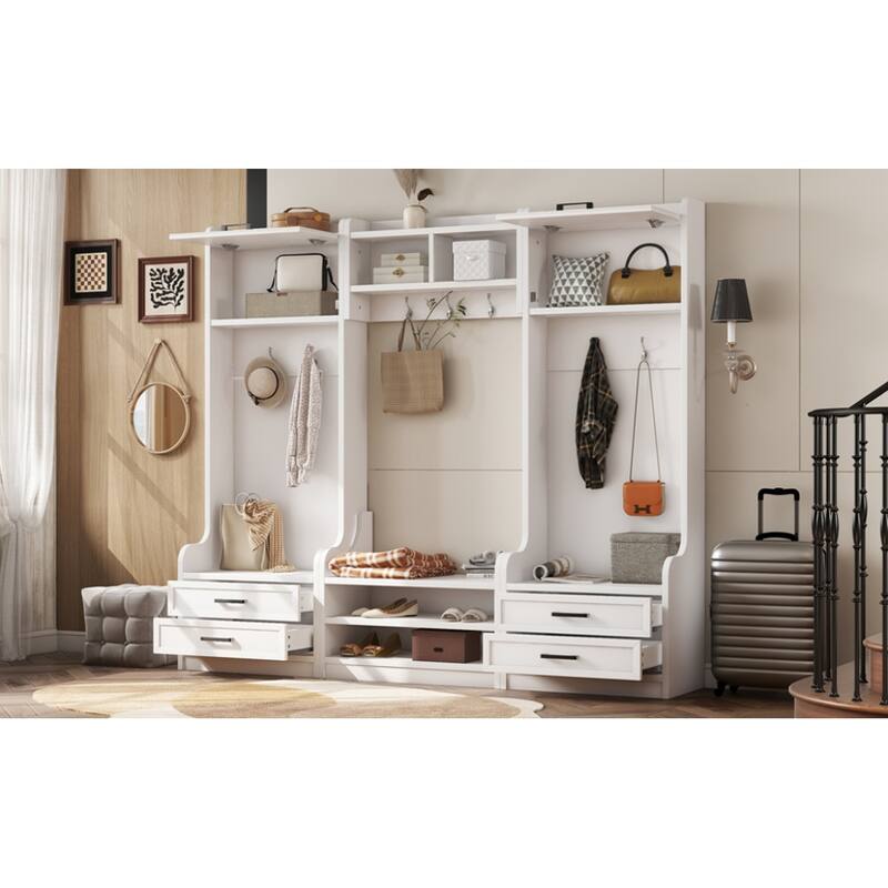 4-in-1 Detachable Hall Tree with Storage Cabinets and Hooks, Multifunctional Hallway Coat Rack with Drawers and Shoe Bench