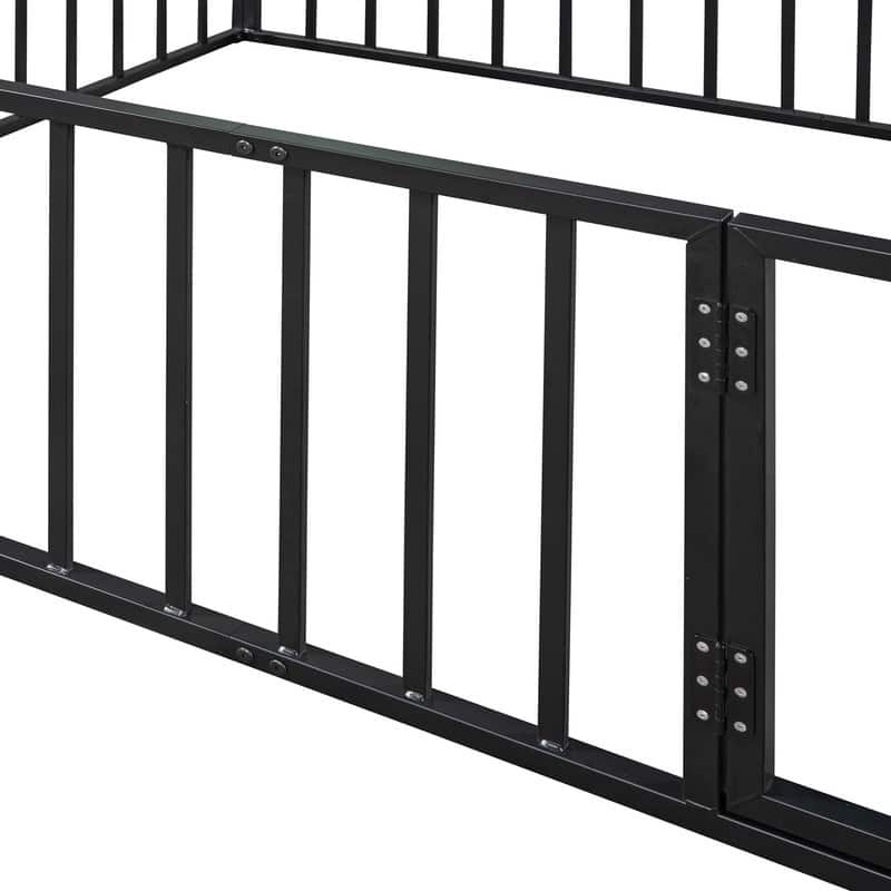Queen Size Metal Floor Bed Frame with Fence and Door