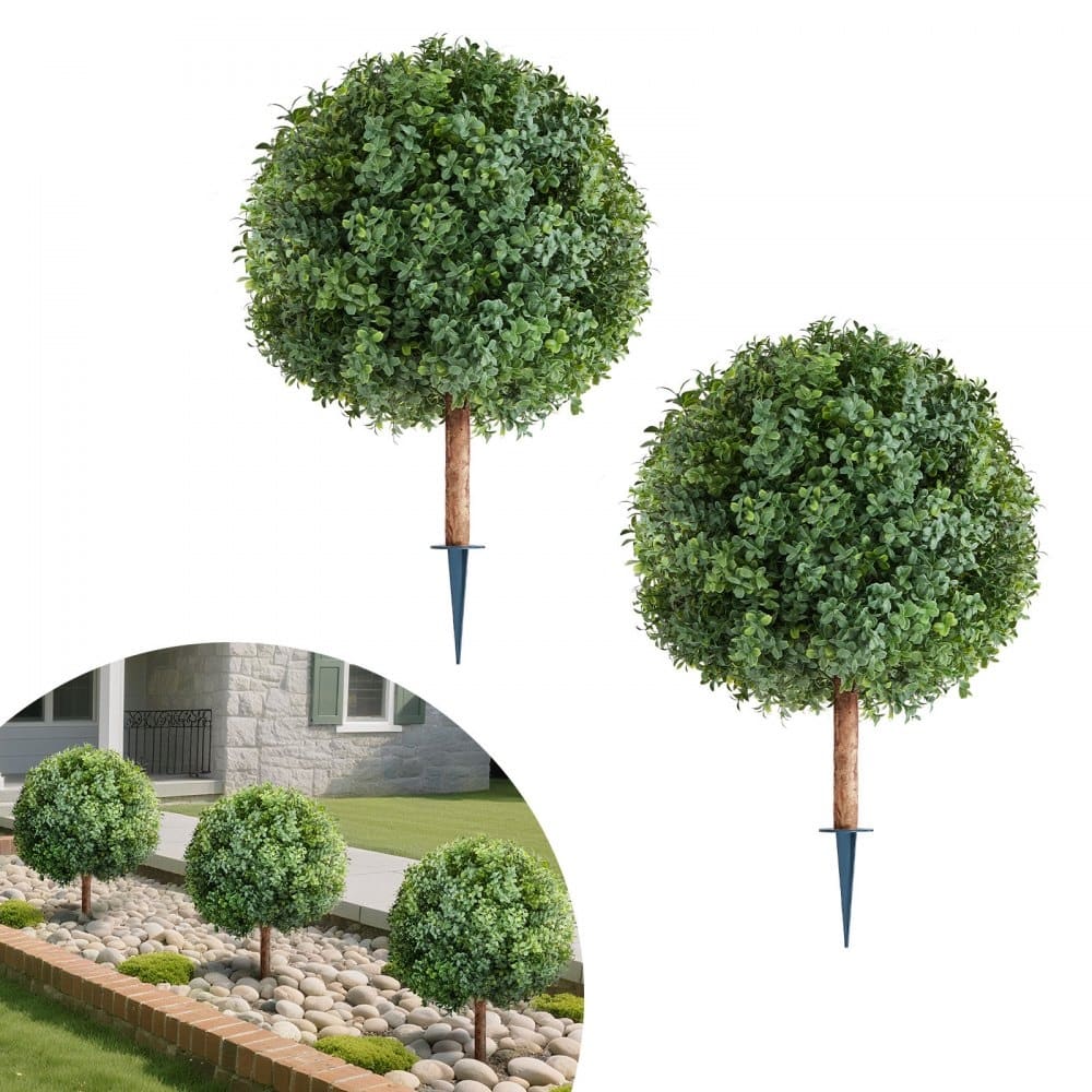 Set of 2 Artificial Topiary Trees Faux Green Plants with Eucalyptus Wood & Stainless Steel Trunks, Weather