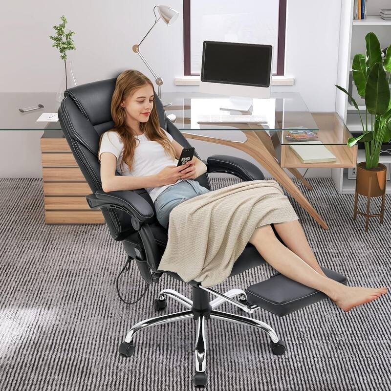 Ergonomic Heated Executive Office Chair with 2/4/6-Point Massage, Retractable Footrest, and PU Leather - 4-Point Black